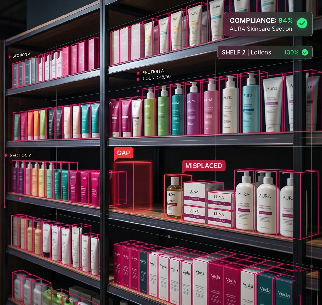 SensEye visual AI scoring a retail shelf against the planogram in real time — compliance 94%, with out-of-stock gaps and misplaced products automatically flagged